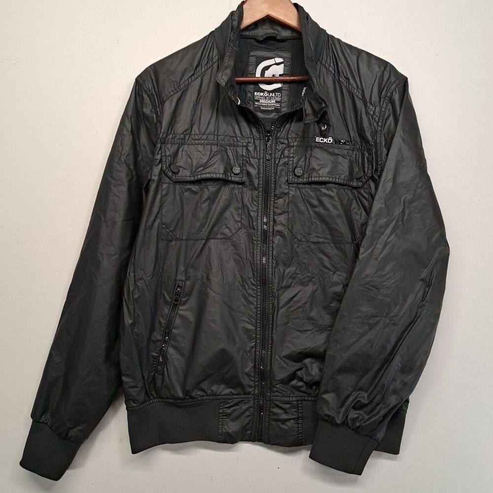 Vintage Ecko Unlimited Bomber Jacket Mens M Black Full Zip Rhino Logo